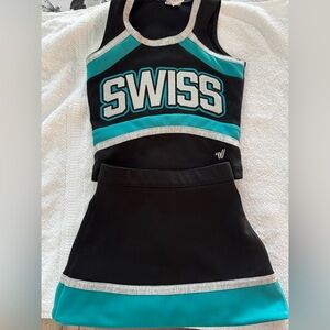 Youth Medium Varsity Black and Teal Cheerleading uniform